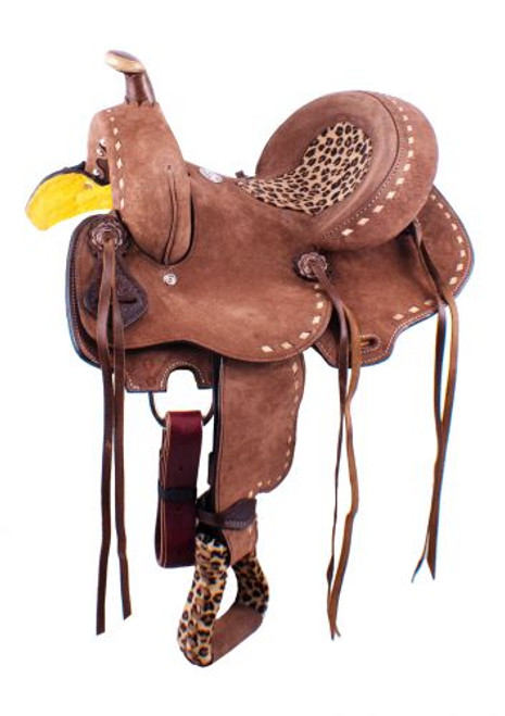 12" Double T Youth Hard Seat Barrel Style Saddle w/ Cheetah Inlay Seat
