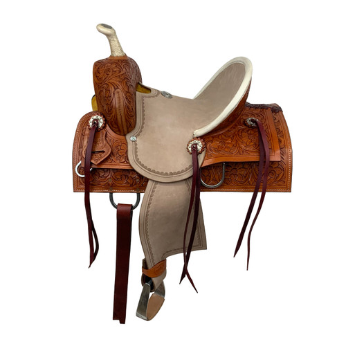 Double T Square Skirt Hard Seat Barrel Style Saddle w/ Floral Tooling - 12 Inch