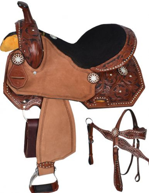 15", 16" Double T Barrel Style Saddle Set w/ Floral Tooling 15", 16" Double T Barrel Style Saddle Set w/ Floral Tooling
