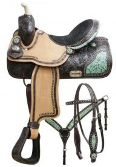 15", 16" Double T Barrel Saddle Set w/ Teal Filigree Inlay 15", 16" Double T Barrel Saddle Set w/ Teal Filigree Inlay