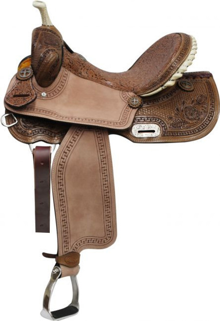 14", 15", 16" Double T Barrel Style Saddle w/ Brown Filigree Seat & Tooling 14", 15", 16" Double T Barrel Style Saddle w/ Brown Filigree Seat & Tooling