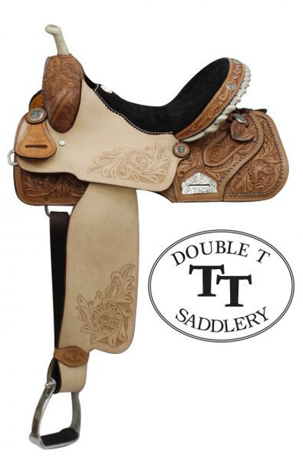 14", 15", 16" Double T Barrel Style Saddle w/ Floral Embossed Suede Seat 14", 15", 16" Double T Barrel Style Saddle w/ Floral Embossed Suede Seat