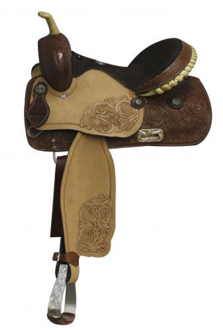 Double T Barrel Style Saddle w/ Engraved Silver Stirrups - 14, 15, 16 Inch