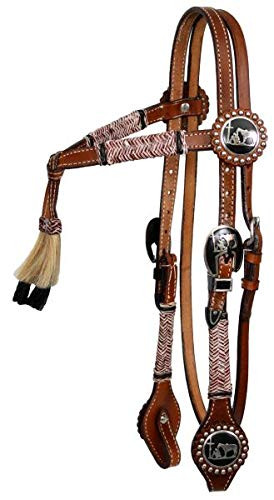 Showman ® double stitched leather furturity knot rawhide braided headstall with horse hair tassel.