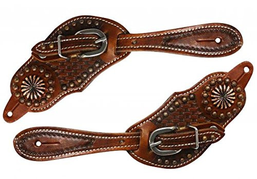String Porte Showman Youth Leather Spur Straps W/ Basket Weave Tooling & Turquoise Buckstitch Spring Court
