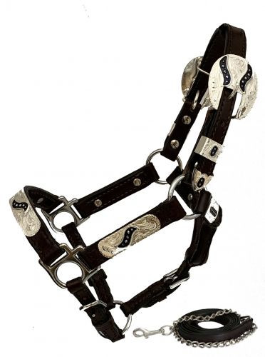 *Showman ® Pony Dark leather show halter with lead. main image 1