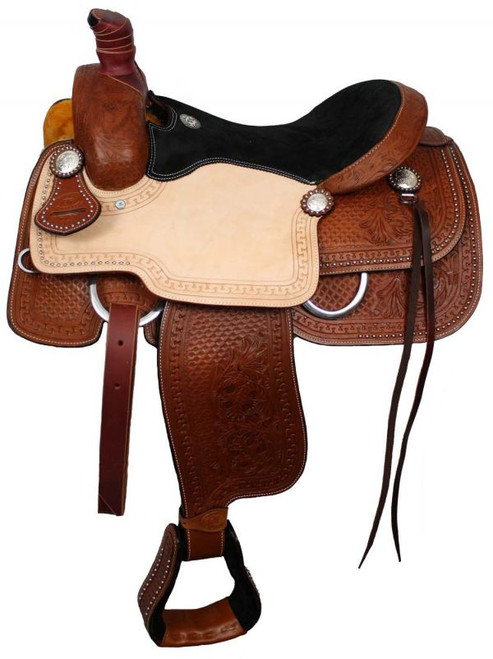 16 Fully tooled Buffalo roper style saddle with suede leather seat