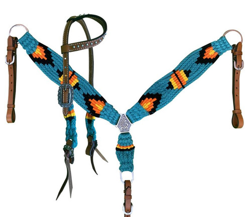 NEW! Showman Pony Size Corded One Ear Headstall & Breast collar set - white and teal