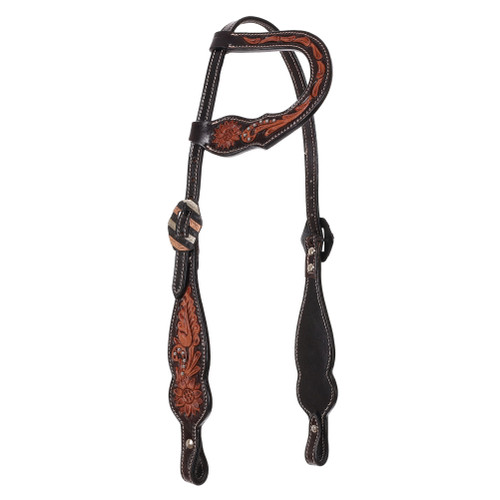Coolhorse Leather Mini Basket and Floral Tooled Slot Ear Headstall with Silver Sinclair Buckle