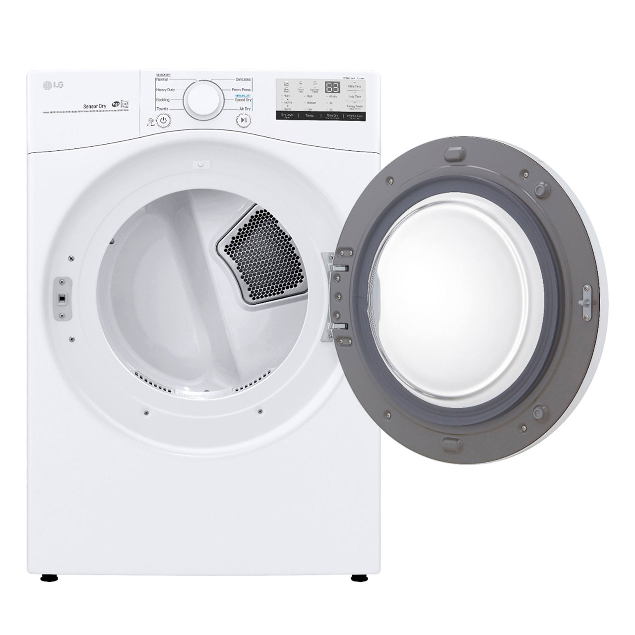 LG - 7.4 Cu. Ft. Stackable Electric Dryer with FlowSense door open LG - 7.4 Cu. Ft. Stackable Electric Dryer with FlowSense door open