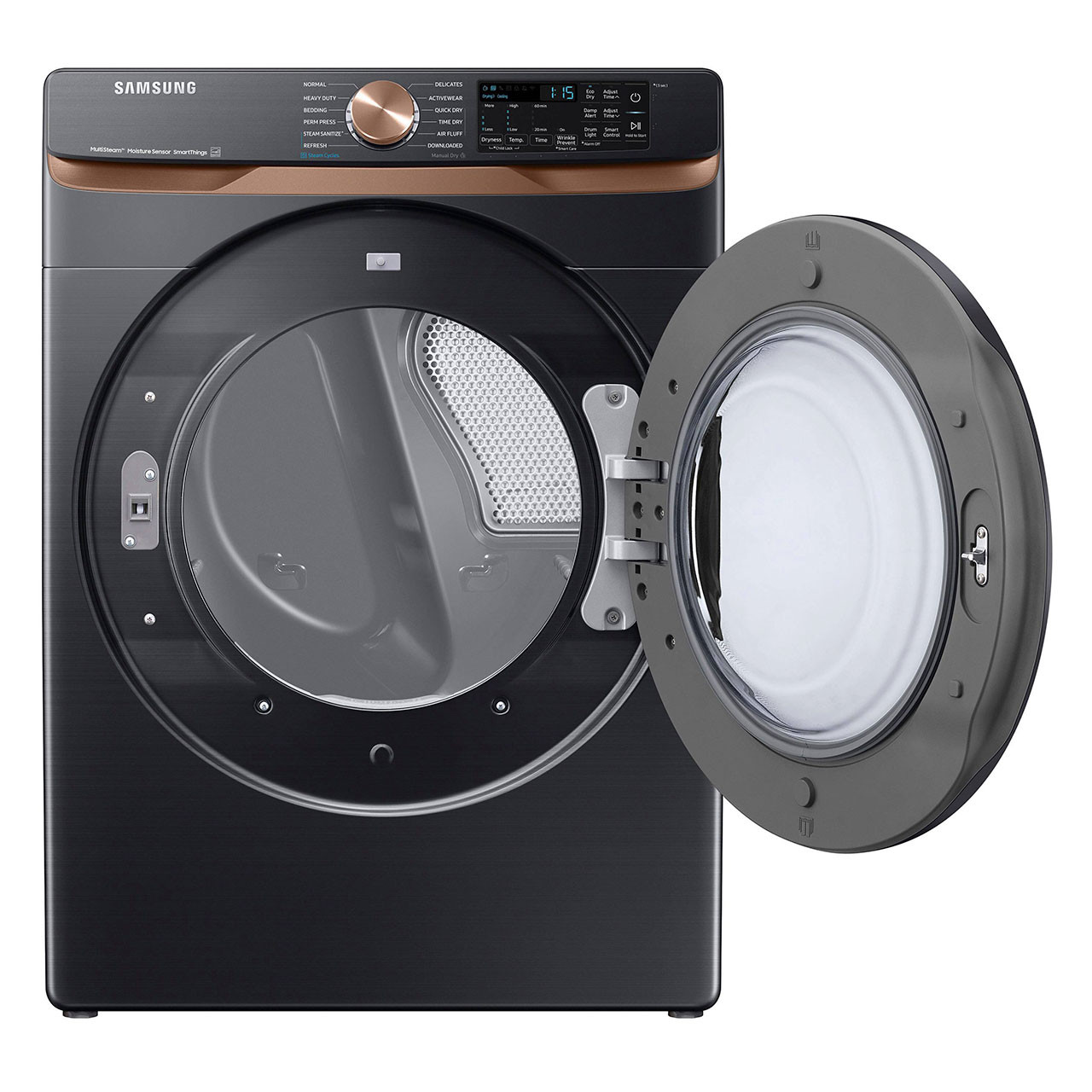 Samsung - 7.5 Cu. Ft. Stackable Smart Electric Dryer door open Samsung - 7.5 Cu. Ft. Stackable Smart Electric Dryer door open