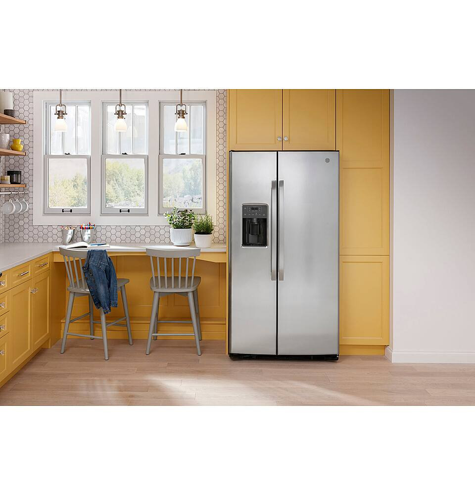 GE - 25.3 Cu. Ft. Side-by-Side Refrigerator with External Ice & Water Dispenser - Stainless Steel.