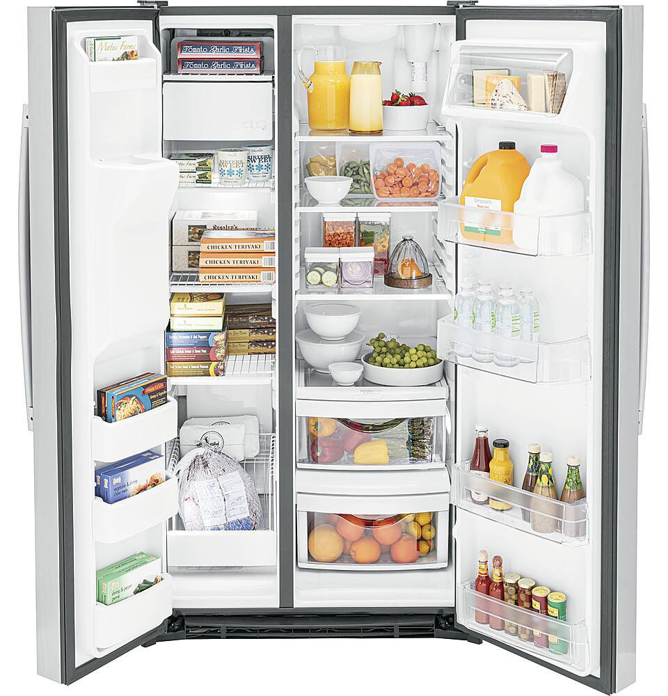 GE - 25.3 Cu. Ft. Side-by-Side Refrigerator with External Ice & Water Dispenser - Stainless Steel.
