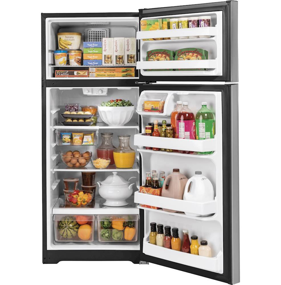 GE - 17.5 Cu. Ft. Top-Freezer Refrigerator with LED Interior Lighting - Stainless Steel