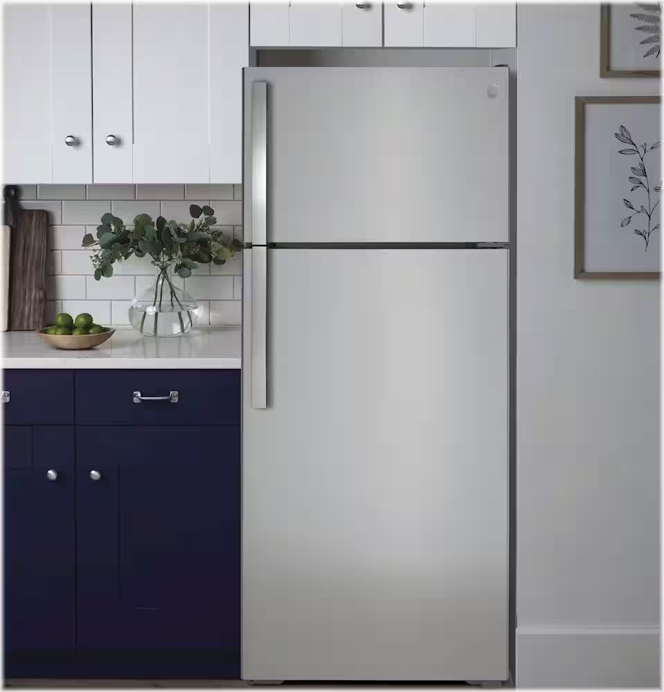 GE - 17.5 Cu. Ft. Top-Freezer Refrigerator with LED Interior Lighting - Stainless Steel