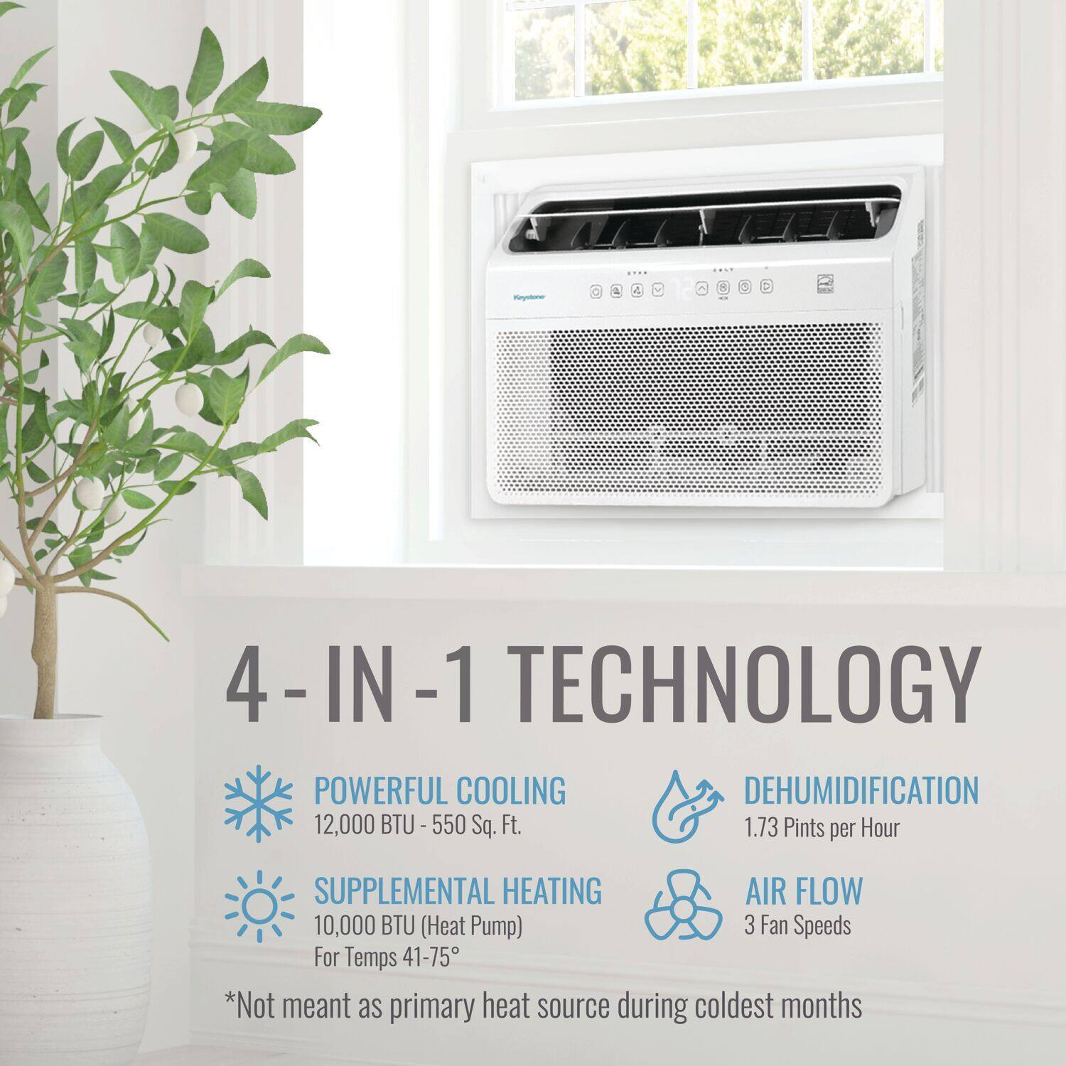 4 - IN -1 TECHNOLOGY: 
            POWERFUL COOLING - 12,000 BTU for 550 Sq. Ft; 
            DEHUMIDIFICATION - 1.73 Pints per Hour; 
            SUPPLEMENTAL HEATING - 10,000 BTU (Heat Pump) For Temps 41-75&deg;;
            AIR FLOW - 3 Fan Speeds