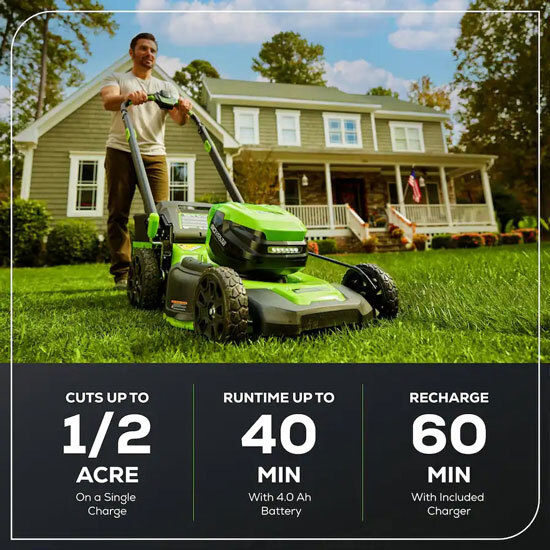 Cuts up to 1/2 acre on a single charge. Recharge in 60 minutes.