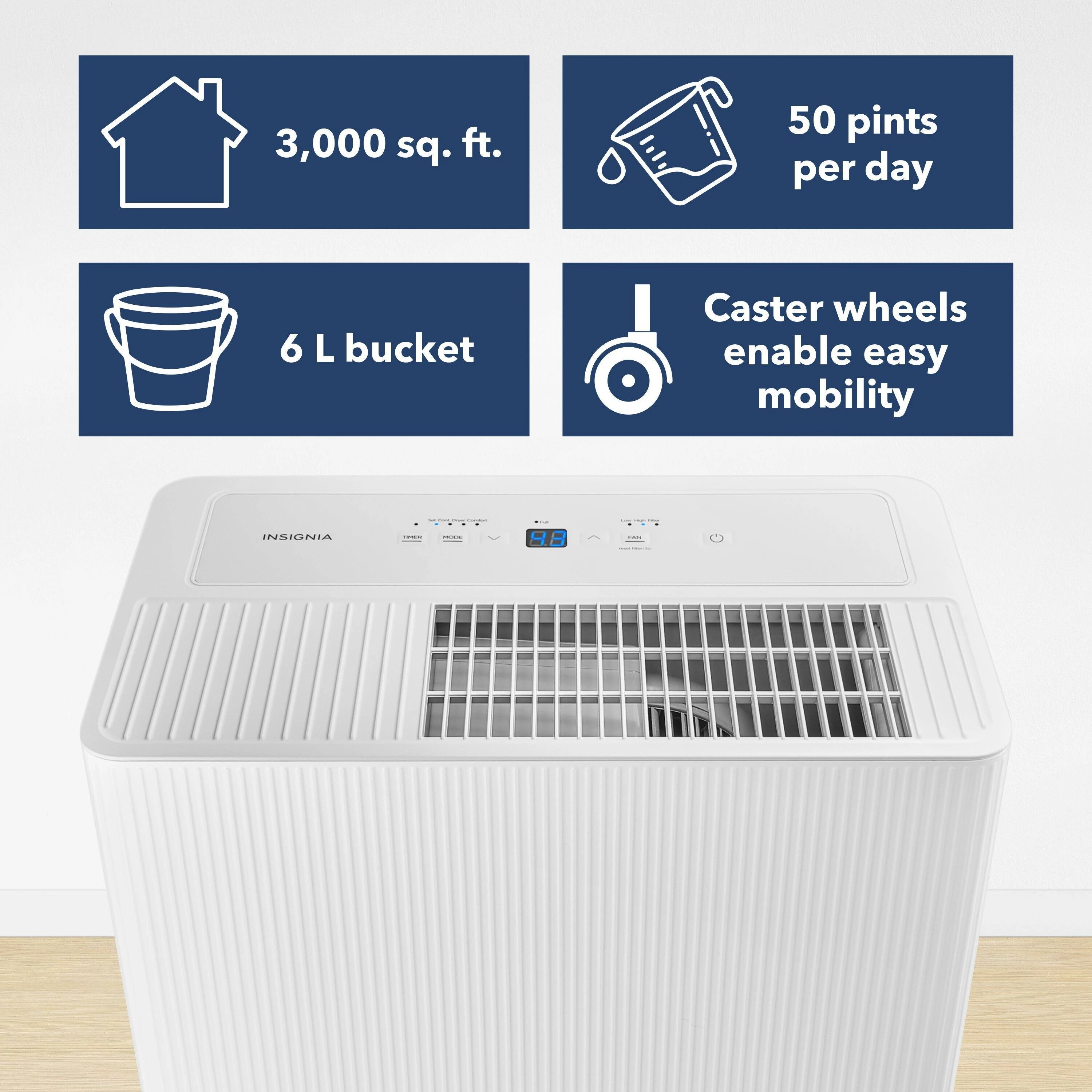 3,000 sq.ft.; 50 pints per day; 6 L bucket; Caster wheels enable easy mobility
