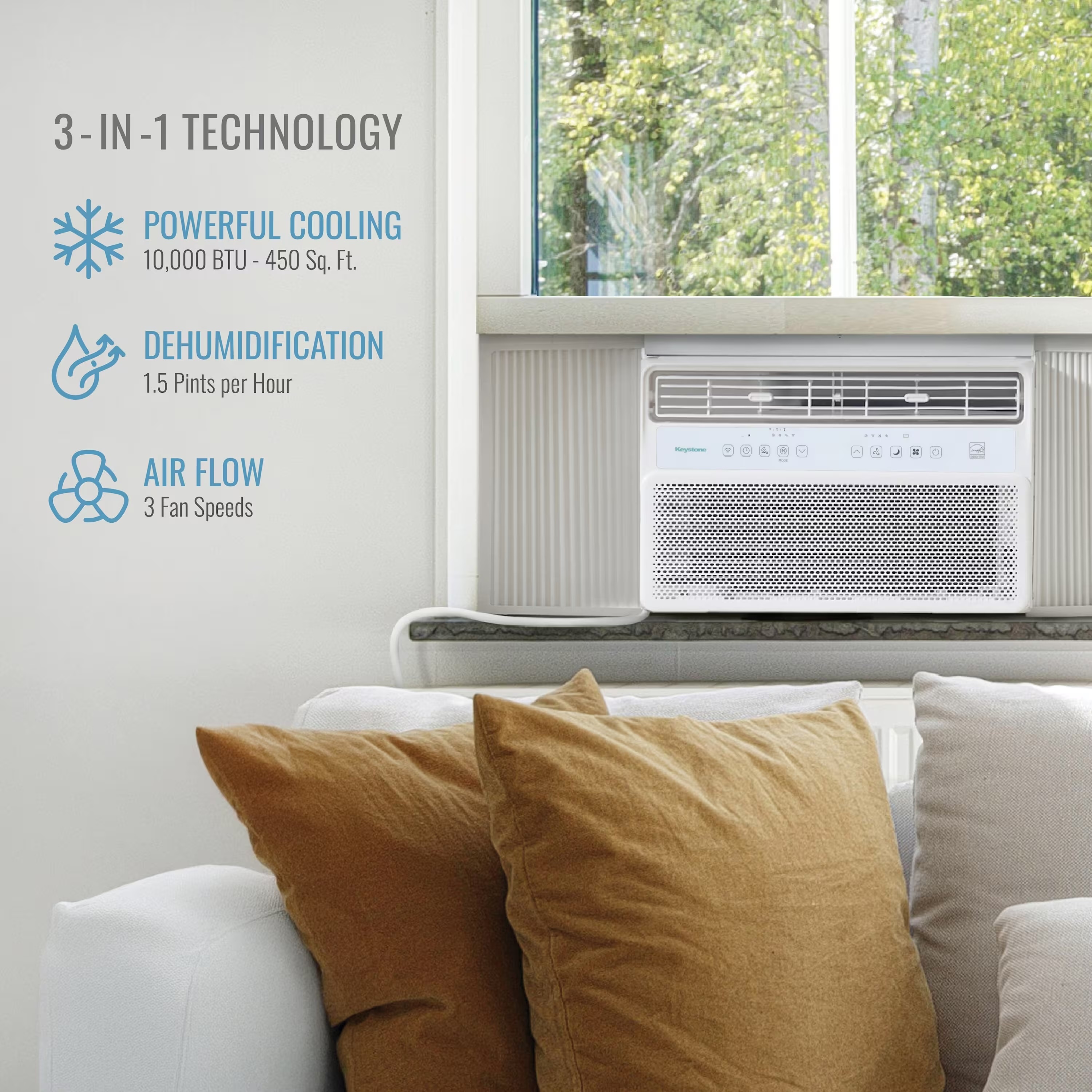 3 - IN -1 TECHNOLOGY: 
            POWERFUL COOLING - 10,000 BTU - 450 Sq. Ft.;
            DEHUMIDIFICATION - 1.5 Pints per Hour;
            AIR FLOW - 3 Fan Speeds