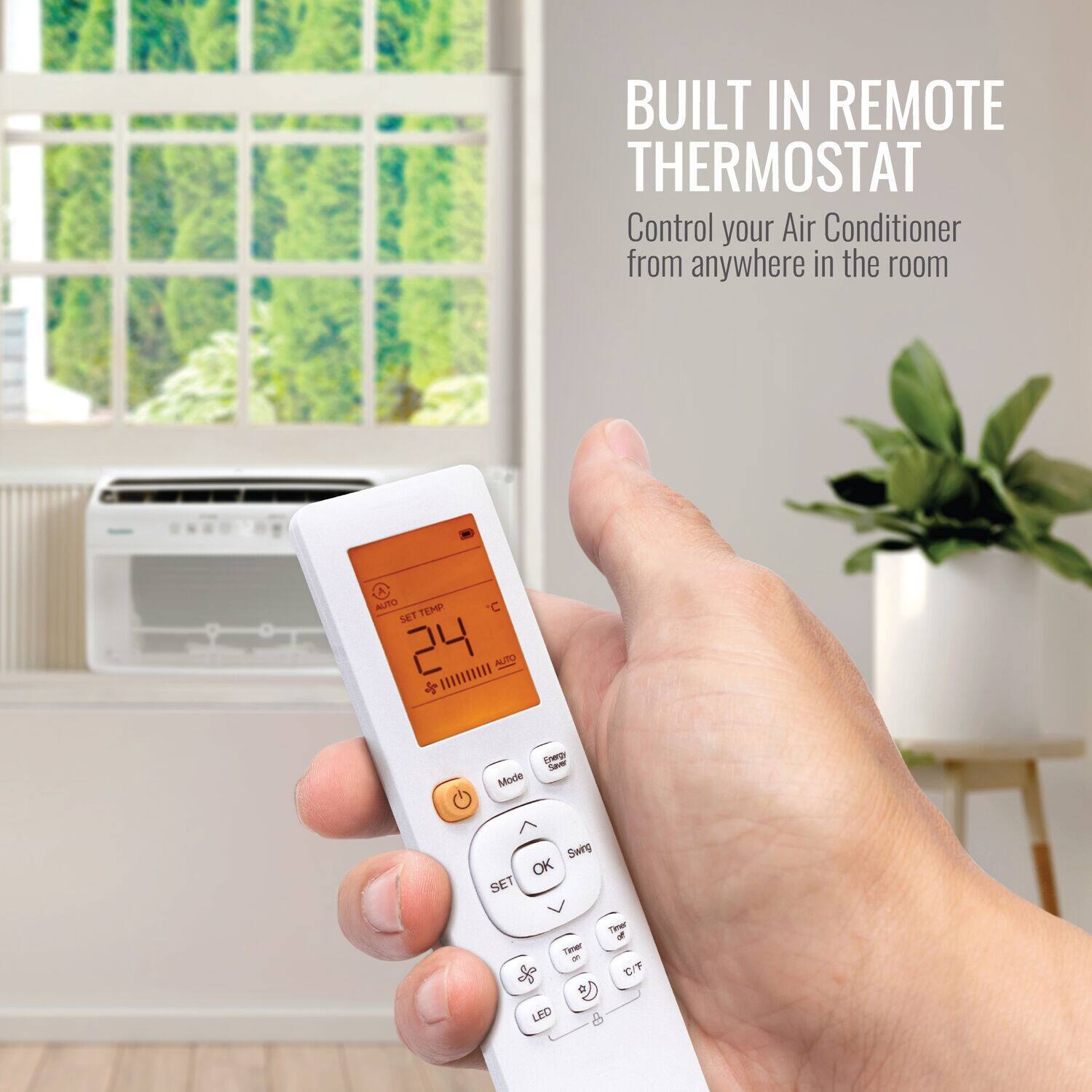 BUILT IN REMOTE THERMOSTAT: Control your Air Conditioner from anywhere in the room