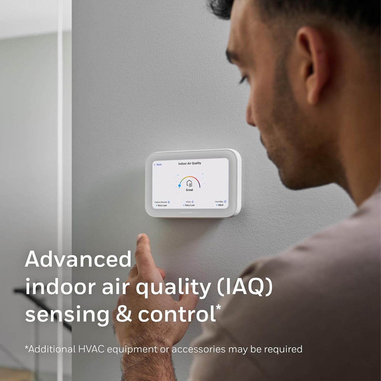 family sitting on couch with thermostat in foreground