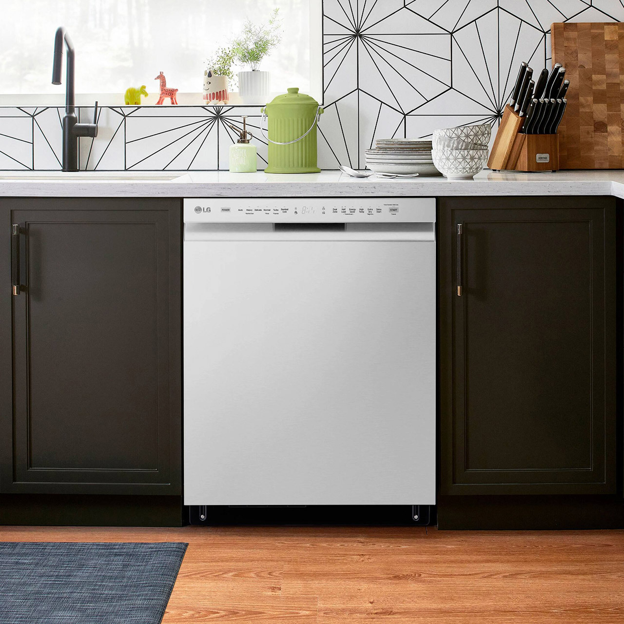 Stainless steel dishwasher installed in wooded counter