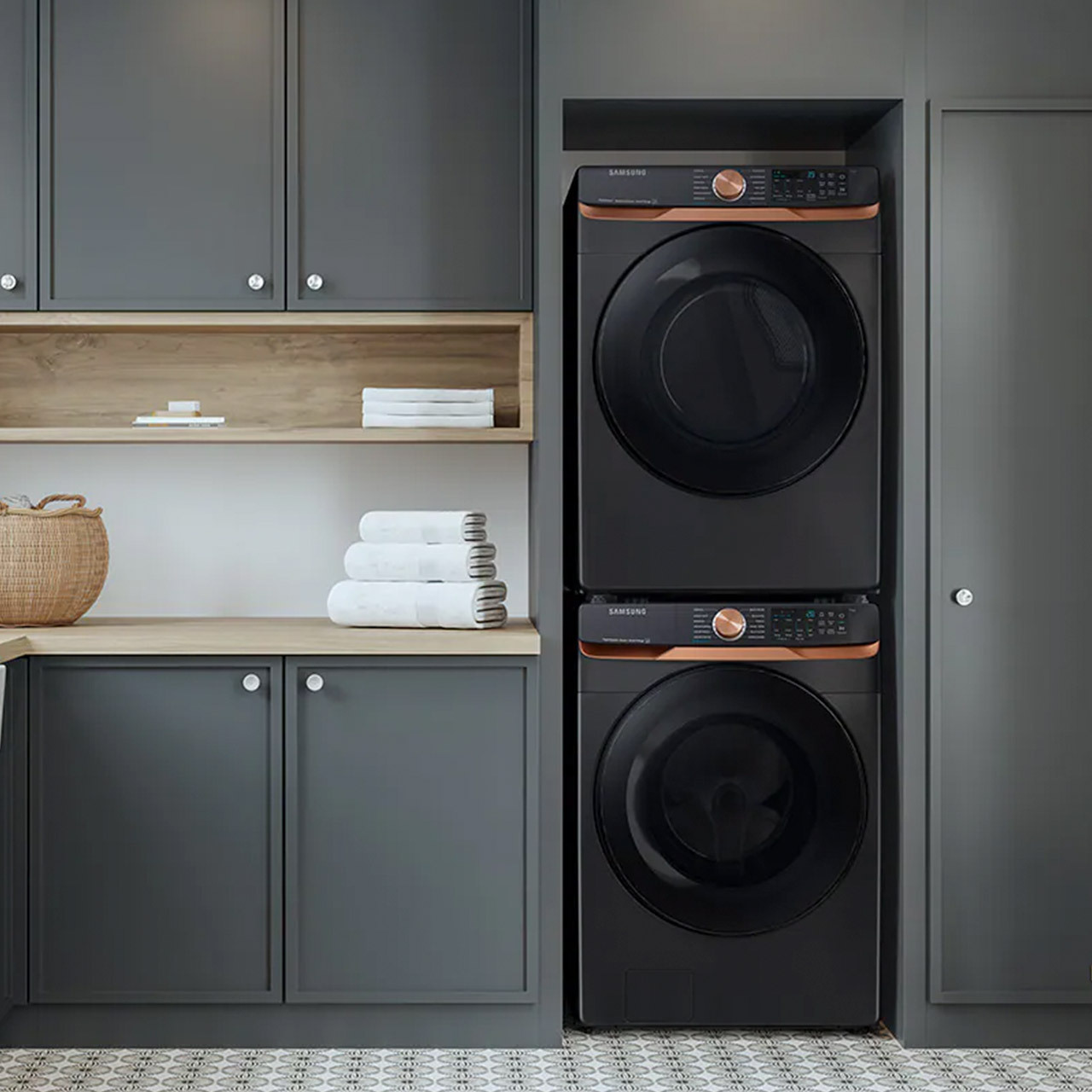 washer and dryer set in mud room