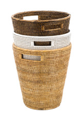 Tapered Tall Rattan Waste Paper Bin with Handles in Chestnut, Milk and Honey