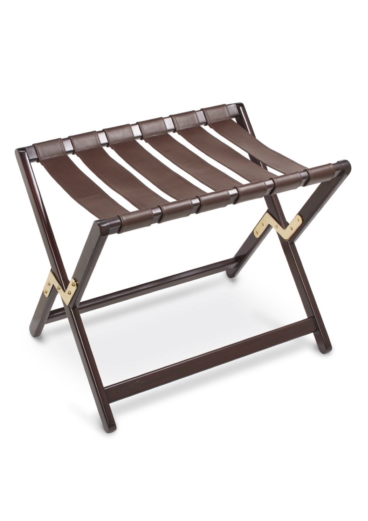 wood and leather hotel luggage rack with brass detail