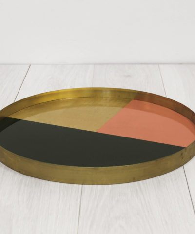 wood round tray woth solid brass trim