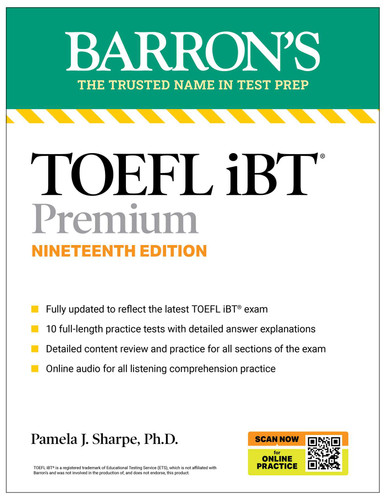TOEFL, iBT Premium, Nineteenth Edition: Prep Book with 10 Practice Tests + Comprehensive Review + Online Audio (2026) (Barron's Test Prep) book cover by Pamela J. Sharpe