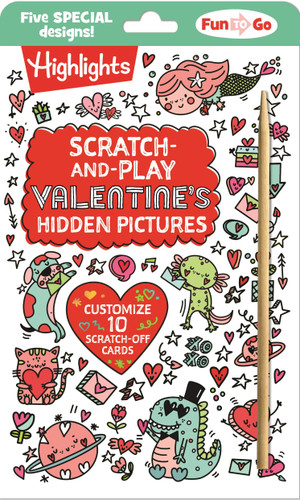 Scratch-and-Play Valentine's Hidden Pictures: Interactive Valentines Day Fun with Scratch-Off Designs, Hidden Pictures Puzzles and Cards for Kids to Create, Share and Enjoy (Highlights Fun to Go) book cover by 