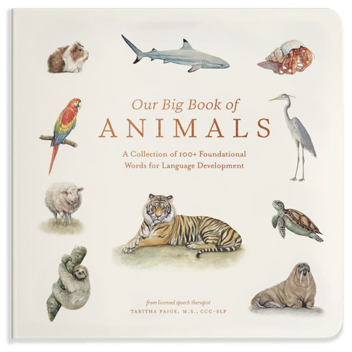 Our Big Book of Animals: First 100 Animal Words for Language Development, including Farm, Jungle, Pets, Bugs, and More (Tabitha Paige Children's Book Series) book cover by Tabitha Paige, M.S., CCC-SLP