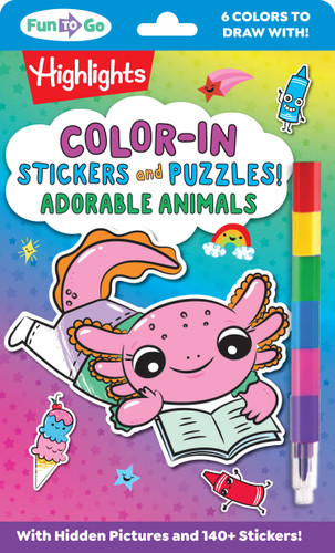 Color-In Stickers and Puzzles! Adorable Animals: Over 140 Kids Stickers For You to Color and Decorate, Animal Puzzles Activity Sheets for On-the-Go Fun (Highlights Fun to Go) book cover by 