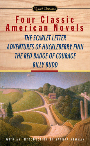 Four Classic American Novels: The Scarlet Letter, Adventures of Huckleberry Finn, The RedBadge Of Courage, Billy Budd book cover by Nathaniel Hawthorne, Mark Twain, Stephen Crane, Herman Melville