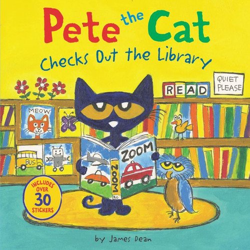 Pete the Cat Checks Out the Library: Includes Over 30 Stickers! (Pete the Cat) book cover by James Dean, Kimberly Dean