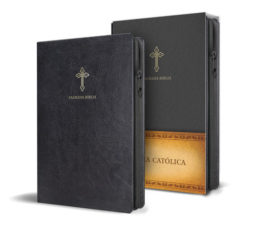 Biblia Católica en español. Símil piel negro, con cremallera, tamaño compacto / Catholic Bible. Spanish-Language, Leathersoft, Black, Zipper Compact book cover by Biblia de América