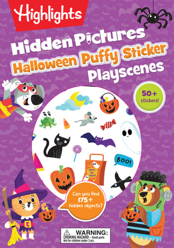 Halloween Hidden Pictures Puffy Sticker Playscenes: Halloween Activity Book for Kids 36 Featuring Over 175 Hidden Objects, 50 Reusable Puffy Stickers and Halloween Mazes and Games (Highlights Puffy Sticker Playscenes) book cover by 