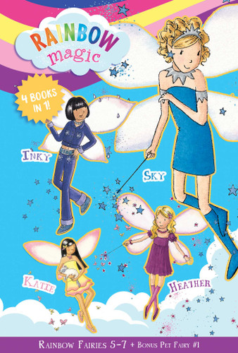 Rainbow Magic Rainbow Fairies: Books #5-7 with Special Pet Fairies Book #1: Sky the Blue Fairy, Inky the Indigo Fairy, Heather the Violet Fairy, Katie the Kitten Fairy (Rainbow Magic) book cover by Daisy Meadows