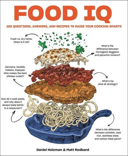 Food IQ: 100 Questions, Answers, and Recipes to Raise Your Cooking Smarts book cover by Daniel Holzman, Matt Rodbard