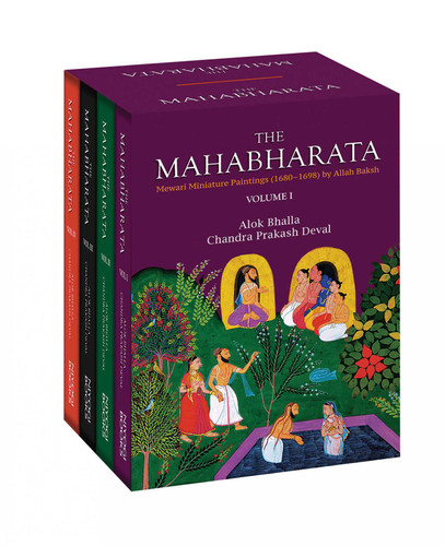 The Mahabharata: Mewari Miniature Paintings (1680–1698) by Allah Baksh Volumes I-IV book cover by Alok Bhalla, Chandra Prakash Deval