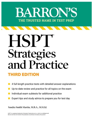 HSPT Strategies and Practice, Third Edition: Prep Book with 4 Practice Tests + Comprehensive Review + Practice + Strategies (Barron's Test Prep) (Barron's Test Prep) book cover by Sandra Martin