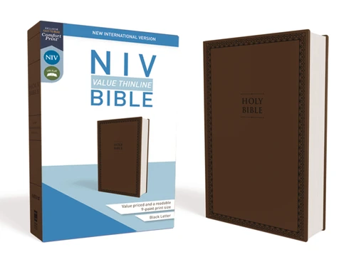 NIV, Value Thinline Bible, Leathersoft, Brown, Comfort Print book cover by Zondervan