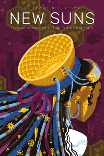 New Suns: Original Speculative Fiction by People of Color book cover by Rebecca Roanhorse, Silvia Moreno-Garcia, Darcie Little Badger, Tobias S Buckell, Minsoo Kang, Jaymee Goh, Indrapramit Das, E. Lily Yu, Karin Lowachee, Kathleen Alcalá, Steven Barnes, Chinelo Onwual, Alex Jennings, Alberto Yáñez, Anil Menon, Andrea Hairston, Hiromi Goto