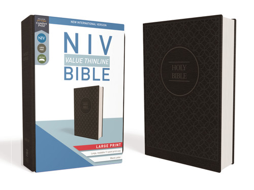 NIV, Value Thinline Bible, Large Print, Leathersoft, Gray/Black, Comfort Print book cover by Zondervan