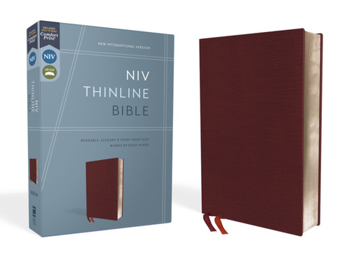 NIV, Thinline Bible, Bonded Leather, Burgundy, Red Letter, Comfort Print book cover by Zondervan