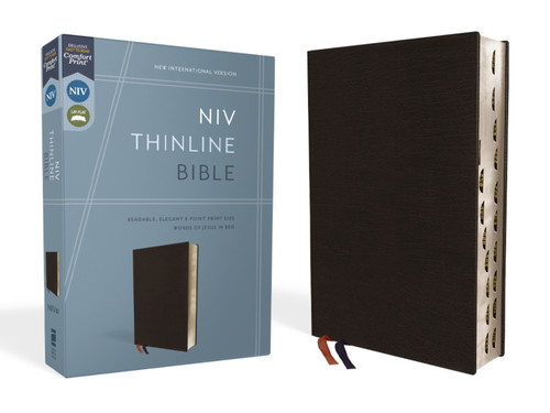 NIV, Thinline Bible, Bonded Leather, Black, Red Letter, Thumb Indexed, Comfort Print book cover by Zondervan