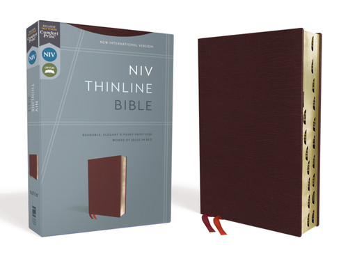 NIV, Thinline Bible, Bonded Leather, Burgundy, Red Letter, Thumb Indexed, Comfort Print book cover by Zondervan