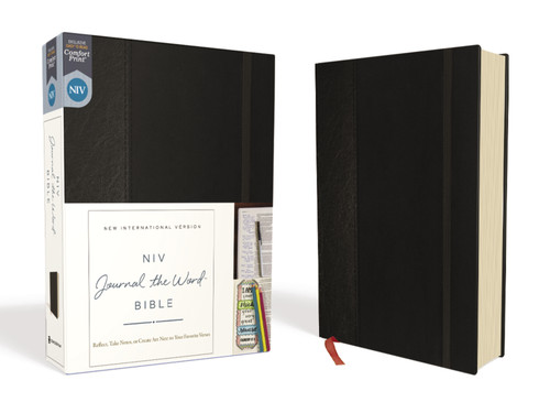 NIV, Journal the Word Bible (Perfect for Note-Taking), Hardcover, Black, Red Letter, Comfort Print: Reflect, Take Notes, or Create Art Next to Your Favorite Verses (NIV Journal the Word Bible) book cover by Zondervan