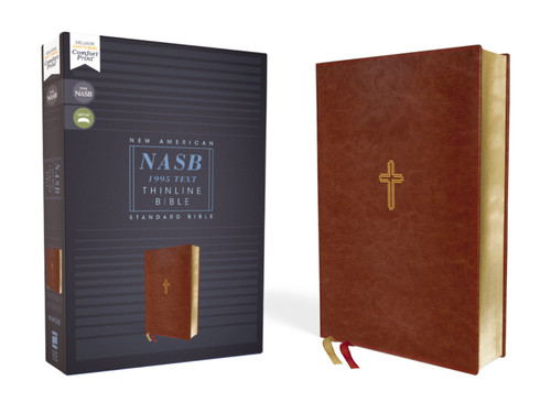 NASB, Thinline Bible, Leathersoft, Brown, Red Letter, 1995 Text, Comfort Print book cover by Zondervan